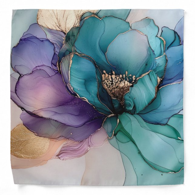 Pretty Aqua Blue Purple Gold Floral  Bandana (Front)