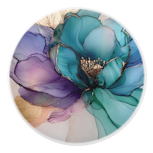 Pretty Aqua Blue Purple Gold Floral Ceramic Knob (Front)