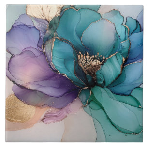 Pretty Aqua Blue Purple Gold Floral Ceramic Tile