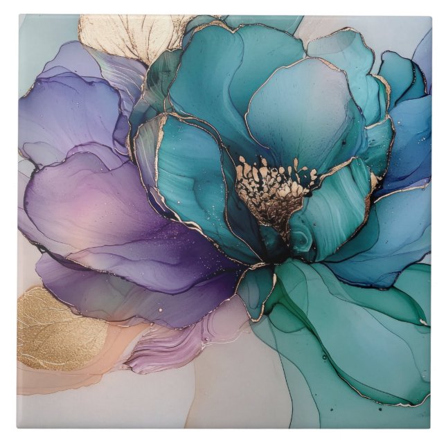 Pretty Aqua Blue Purple Gold Floral  Ceramic Tile (Front)
