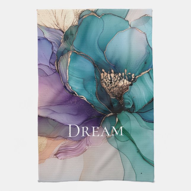 Pretty Aqua Blue Purple Gold Floral  Kitchen Towel (Vertical)