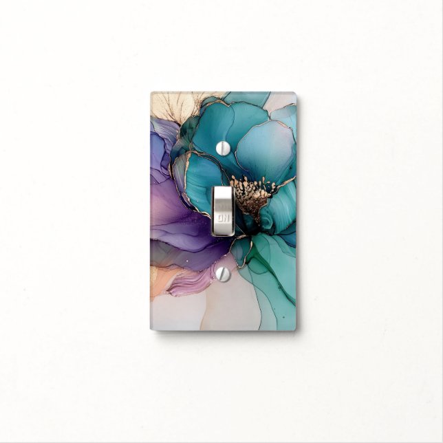 Pretty Aqua Blue Purple Gold Floral Light Switch Cover (In Situ)