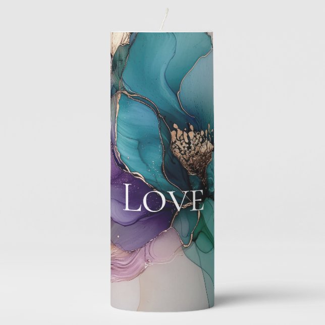 Pretty Aqua Blue Purple Gold Floral Love Pillar Candle (Front)