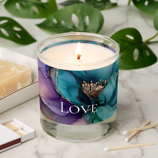 Pretty Aqua Blue Purple Gold Floral Love Scented Candle (Lit)