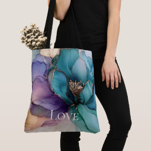 Pretty Aqua Blue Purple Gold Floral Love Tote Bag