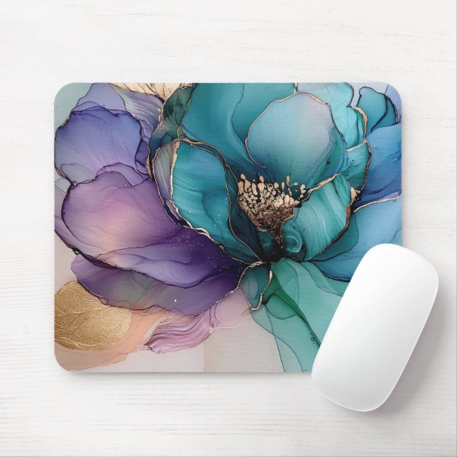Pretty Aqua Blue Purple Gold Floral  Mouse Pad (With Mouse)