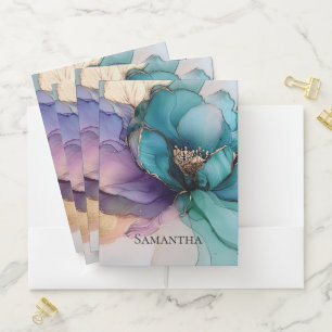 Pretty Aqua Blue Purple Gold Floral Pocket Folder