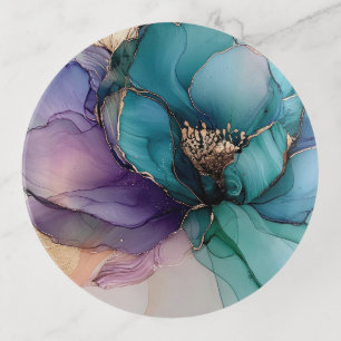 Pretty Aqua Blue Purple Gold Floral Trinket Tray