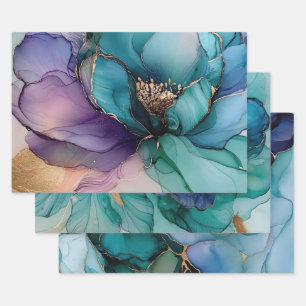 Pretty Aqua Blue Purple Gold Floral Wrapping Paper Sheets