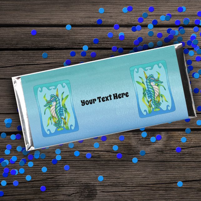 Pretty Aqua Blue Seahorses Seaweed in Frames Blues Hershey Bar Favors (Fantasy sea dragon creatures aqua blue in frame with water bubbles and seaweed on blue candy favors.)