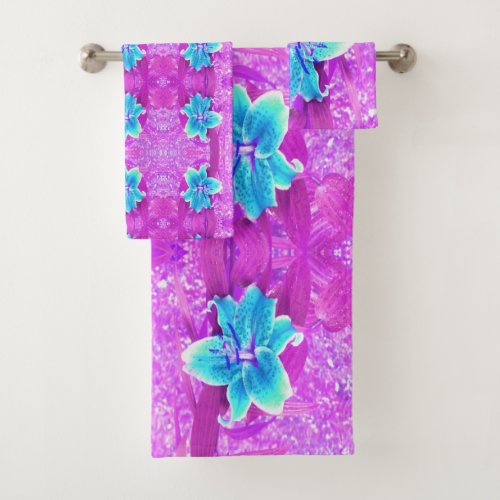 Pretty Aqua Blue Stargazer Lily on Purple Bath Towel Set