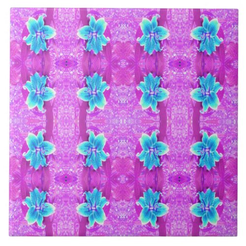 Pretty Aqua Blue Stargazer Lily on Purple Ceramic Tile
