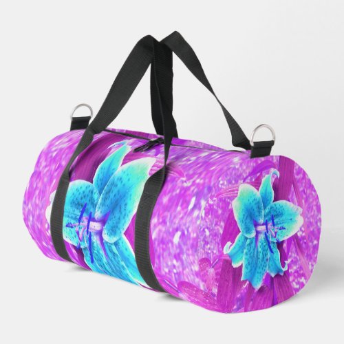 Pretty Aqua Blue Stargazer Lily on Purple Duffle Bag