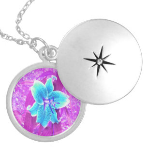 Pretty Aqua Blue Stargazer Lily on Purple Locket Necklace