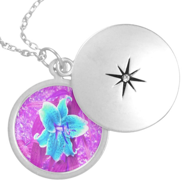 Pretty Aqua Blue Stargazer Lily on Purple Locket Necklace (Front)