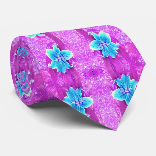 Pretty Aqua Blue Stargazer Lily on Purple Neck Tie