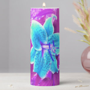 Pretty Aqua Blue Stargazer Lily on Purple Pillar Candle