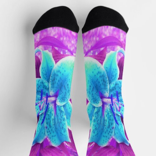 Pretty Aqua Blue Stargazer Lily on Purple Socks