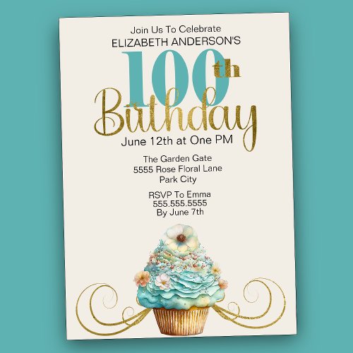 Pretty Aqua Cupcake Flourish 100th Birthday Invitation