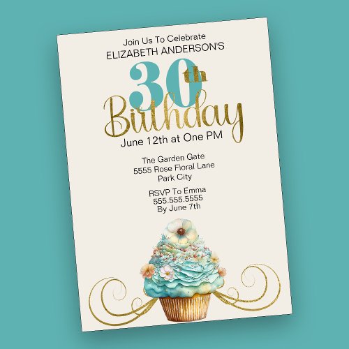 Pretty Aqua Cupcake Flourish 30th Birthday Invitation