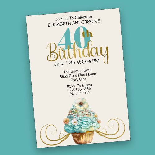 Pretty Aqua Cupcake Flourish 40th Birthday Invitation