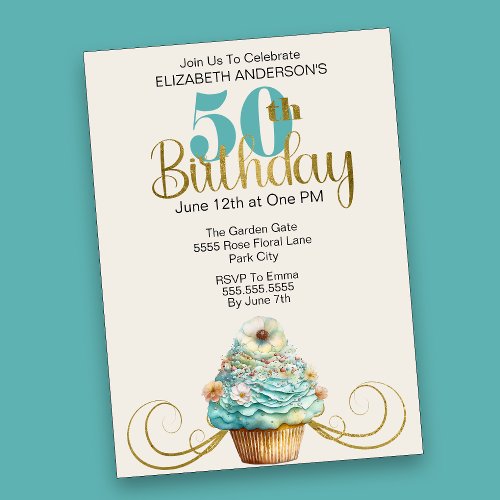 Pretty Aqua Cupcake Flourish 50th Birthday Invitation