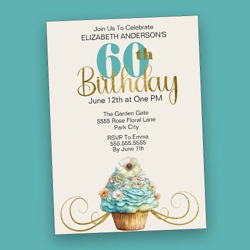 Pretty Aqua Cupcake Flourish 60th Birthday Invitation