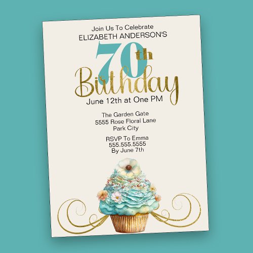 Pretty Aqua Cupcake Flourish 70th Birthday Invitation