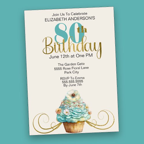 Pretty Aqua Cupcake Flourish 80th Birthday Invitation