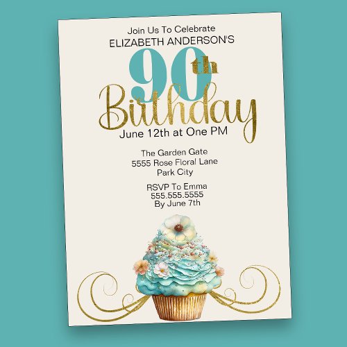 Pretty Aqua Cupcake Flourish 90th Birthday Invitation