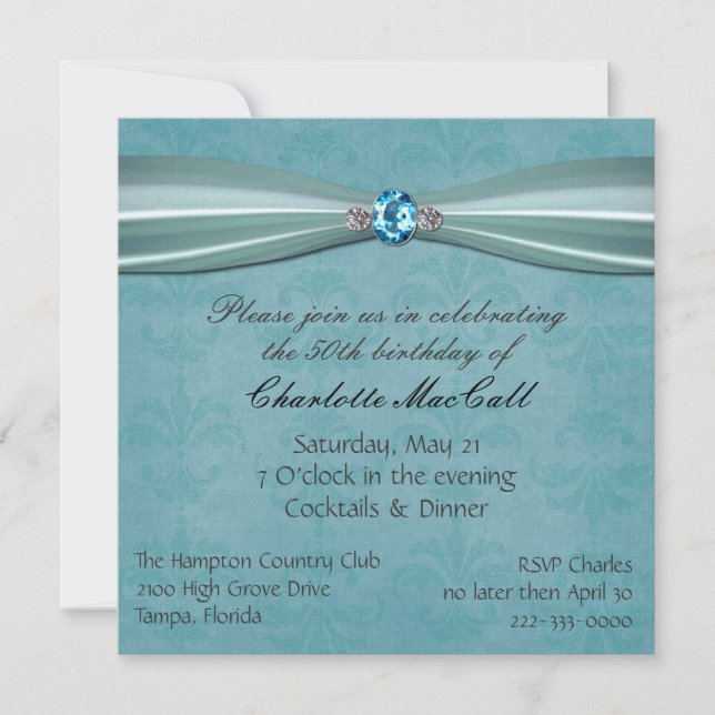 Pretty Aqua Damask Birthday invitation (Front)