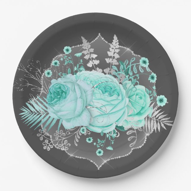 Pretty Aqua Fantasy Floral Paper Plates (Front)