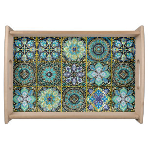 Pretty Aqua Green Blue Tile Image Wood Serving Tray