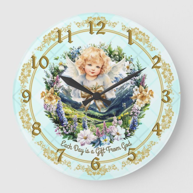 Pretty Aqua Inspirational Angel Cherub  Large Clock (Front)