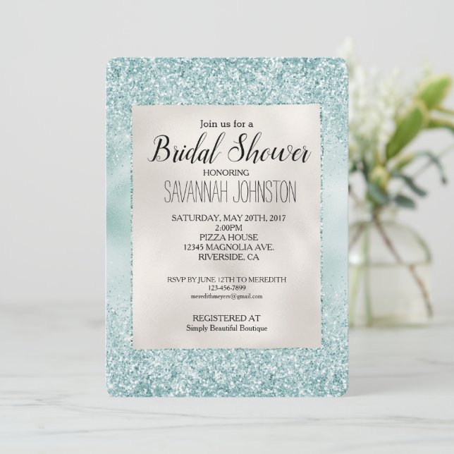 Pretty Aqua Mint Glitzy Glitter Bridal Shower Invitation (Standing Front)