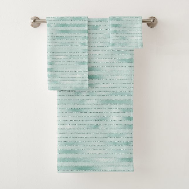 Pretty Aqua Mint Glitzy Glitter Stripes      Bath Towel Set (Insitu)