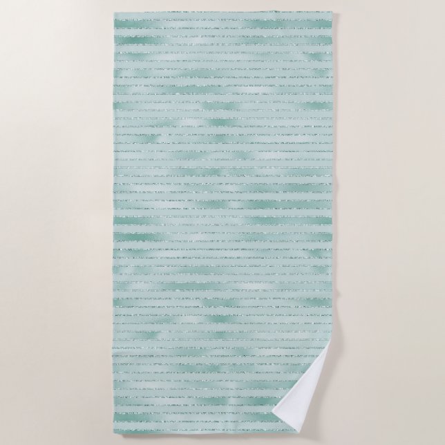 Pretty Aqua Mint Glitzy Glitter Stripes     Beach Towel (Front)