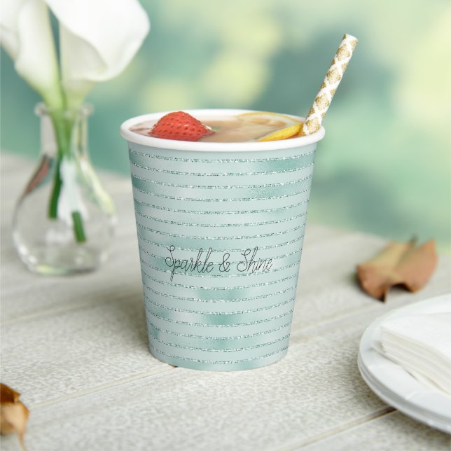 Pretty Aqua Mint Glitzy Glitter Stripes     Paper Cups (Insitu)