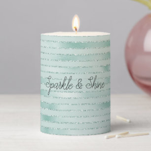 Pretty Aqua Mint Glitzy Glitter Stripes Pillar Candle