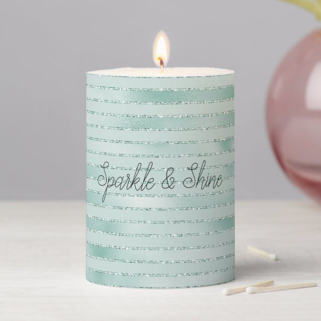 Pretty Aqua Mint Glitzy Glitter Stripes      Pillar Candle (In Situ)