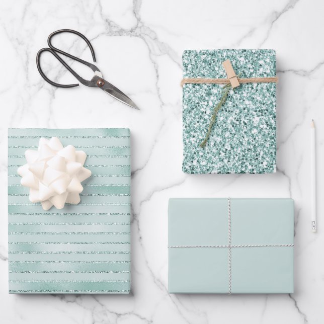 Pretty Aqua Mint Glitzy Glitter Stripes       Wrapping Paper Sheets (Front)