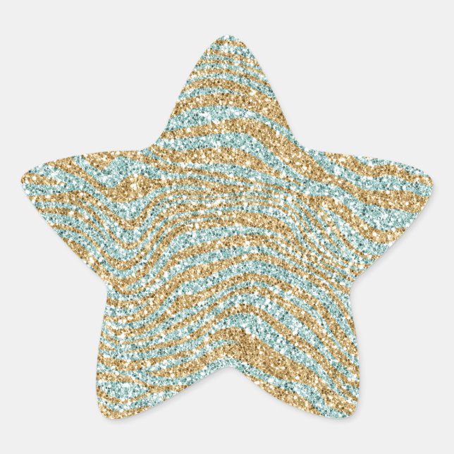 Pretty Aqua Mint Gold Glitter Zebra Print   Star Sticker (Front)