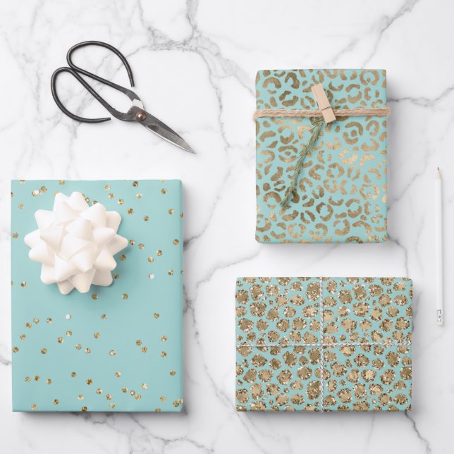 Pretty Aqua Mint Gold Sparkle Dots Leopard     Wrapping Paper Sheets (Front)
