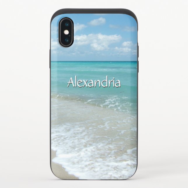 Pretty Aqua Ocean Beach, Monogram Name Uncommon iPhone Case (Back)