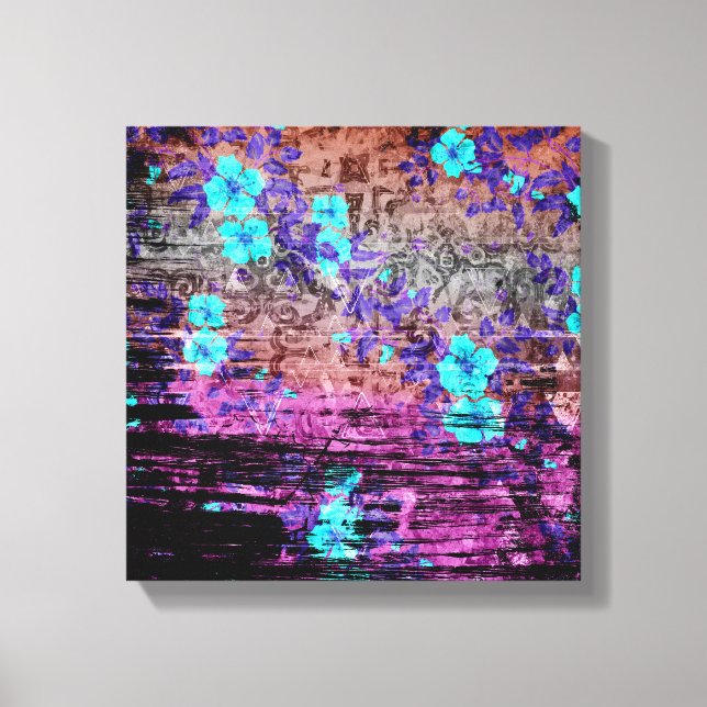 Pretty Aqua Purple Gray Floral Grunge Canvas Print (Front)