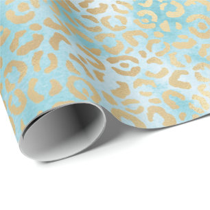 Pretty Aqua White Gold Leopard Print Wrapping Paper