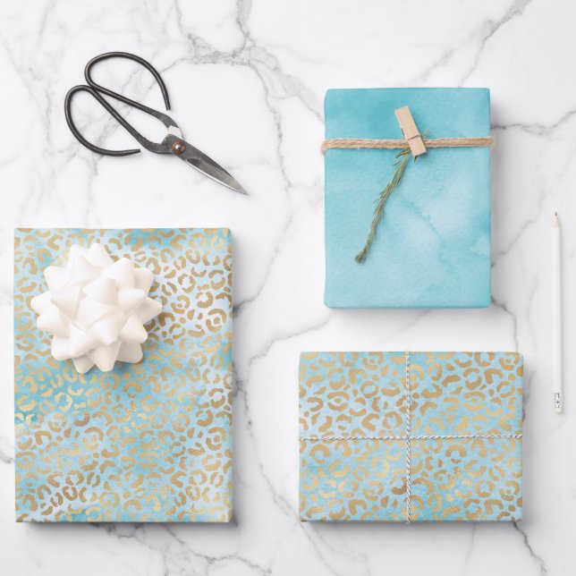 Pretty Aqua White Gold Leopard Print        Wrapping Paper Sheets (Front)