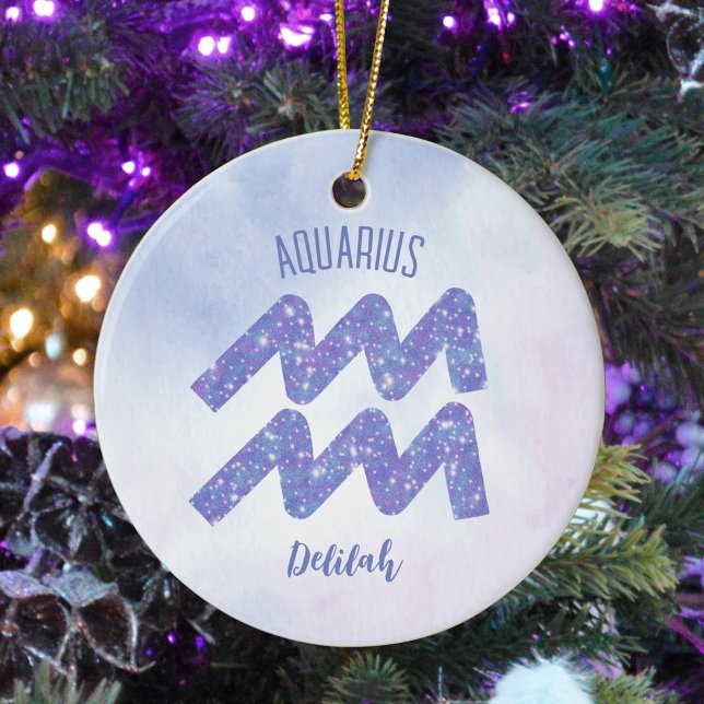 Pretty Aquarius Astrology Sign Personalized Purple Ceramic Ornament (Creator Uploaded)
