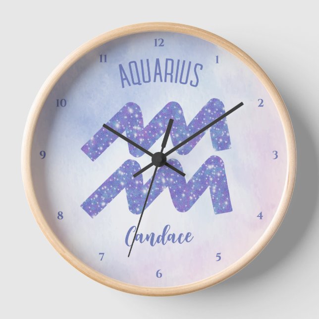 Pretty Aquarius Astrology Sign Personalized Purple Clock (Front)