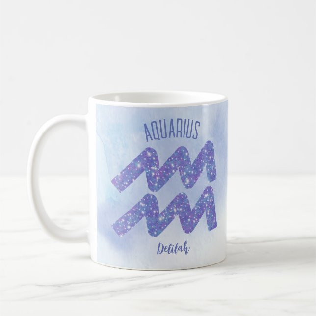 Pretty Aquarius Astrology Sign Personalized Purple Coffee Mug (Left)